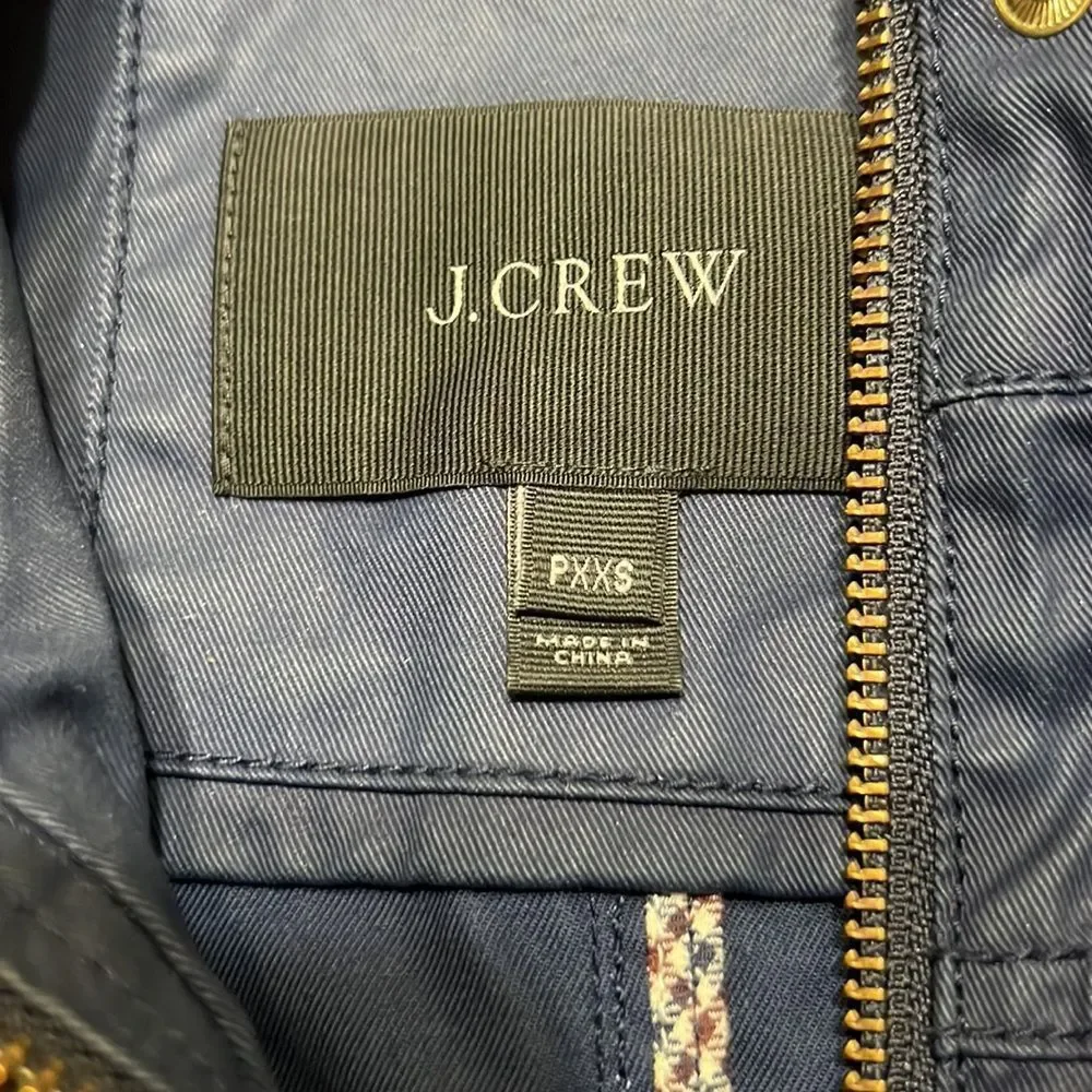 J Crew Navy Blue Gold Snap Waxed Utility Rain Jacket Sz XXS EUC